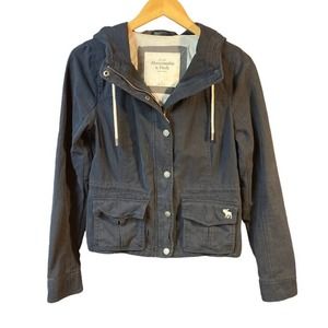 Abercrombie & Fitch Utility Jacket Full Zip Snap Buttons Hooded Navy Blue Medium